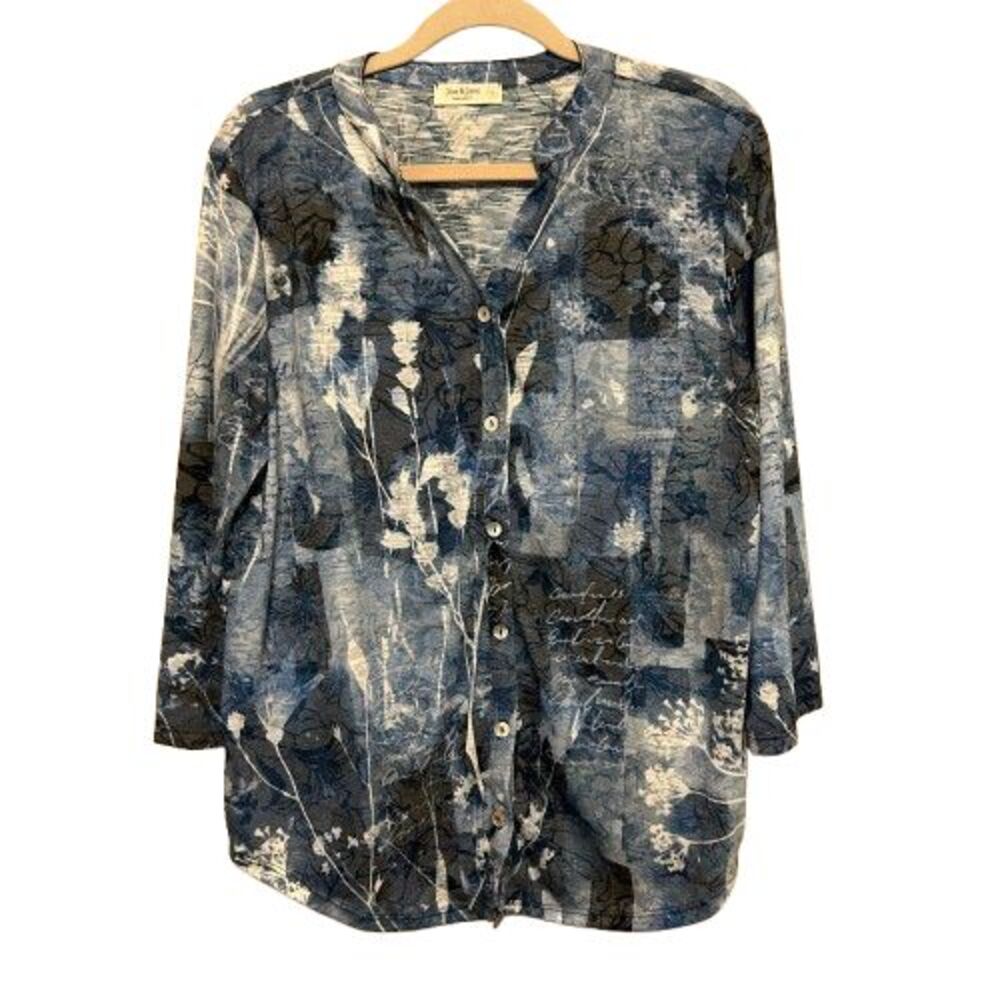 Jess Jane Button Front Top Womens Large Blue Floral Abstract 3/4 Sleeve Art Boho